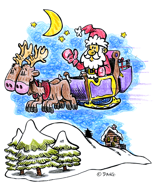 Pour l'impression de cette illustration, cliquer dans le menu en haut à gauche sur Imprimer. Le père Noël dans le ciel sur son traîneau tiré par les rennes. Une illustration créée par Dang inspirée de la chanson de Noël Jingle Bells. Cette illustration gratuite vous est offerte par Dang, un super illustrateur jeunesse. Vous pouvez vous inspirer de ce modèle. Avec vos crayons de couleurs ou à la peinture, coloriez ou peignez le coloriage qui correspond à cette illustration de la chanson de Noël Jingle Bells.