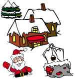 Une illustration de Noël dessinée par dang illustrateur jeunesse, un village de Noël et le père Noël enfoncé dans la neige.