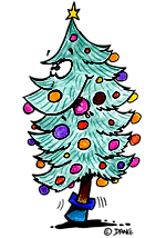 Une illustration de Noël dessinée par dang illustrateur jeunesse, un sapin de Noël et ses boules de toutes les couleurs.