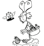 Le lapin de Pâques ramasse les oeufs en chocolat, un coloriage pour Pâques dessiné par dang illustrateur jeunesse.