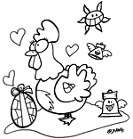 Une poule de Pâques en chocolat avec son oeuf, un coloriage pour Pâques dessiné par dang illustrateur jeunesse.