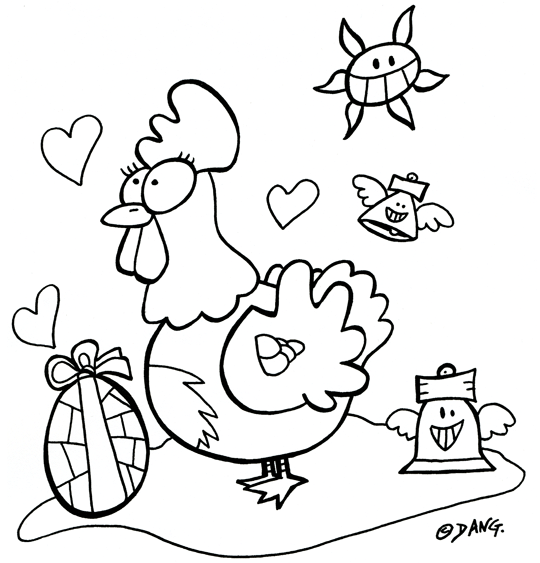 Coloriage de Pâques. Une poule de Pâques vient de pondre un œuf en chocolat. Pour l'impression de ce coloriage, cliquer dans le menu en haut à gauche sur Imprimer. Ce coloriage gratuit vous est offert par Dang, le dessinateur jeunesse qui illustre pour les enfants. Avec vos crayons de couleurs ou à la peinture, coloriez ou peignez ce coloriage de Pâques.