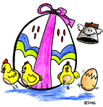 Un oeuf de Pâques en chocolat et des petits poussins, un dessin illustré par Dang dessinateur jeunesse.