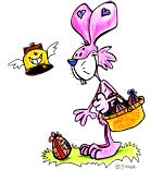 Un lapin de Pâques, un lapin qui ramasse des oeufs en chocolat, un dessin pour Pâques illustré par Dang dessinateur jeunesse.