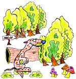 Dessin du Furet. Le furet qui court dans la forêt parmi les arbres et les champignons. Une illustration créée par Dang et inspirée de la chanson Il court, il court le Furet. Un modèle éventuel pour le coloriage correspondant.