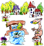 Dessin du Furet. Le furet qui demande son chemin à la grenouille de la rivière du bois joli. Une illustration créée par Dang et inspirée de la chanson Il court, il court le Furet. Un modèle éventuel pour le coloriage correspondant.
