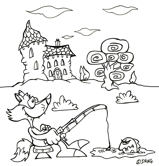 Coloriage grandes vacances d'été, un coloriage  la campagne. Ce sont les vacances d'été, le renard se repose à la campagne, il pêche dans la mare. Pour l'impression de ce coloriage, cliquer dans le menu en haut à gauche sur Imprimer. Ce coloriage gratuit vous est offert par Dang, l'illustrateur jeunesse qui dessine pour les enfants. Avec vos crayons de couleurs ou à la peinture, coloriez ou peignez ce super coloriage.