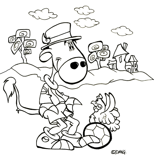 Coloriage grandes vacances d'été, un coloriage  la campagne. Ce sont les vacances d'été, une vache joue au football à la campagne avec une poule. Pour l'impression de ce coloriage, cliquer dans le menu en haut à gauche sur Imprimer. Ce coloriage gratuit vous est offert par Dang, l'illustrateur jeunesse qui dessine pour les enfants. Avec vos crayons de couleurs ou à la peinture, coloriez ou peignez ce super coloriage.