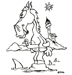 Coloriage d'un cheval pour les enfants. Un cheval qui se baigne dans la mer avec des requins pendant les grandes vacances d'été. Un coloriage illustré par Dang dessinateur jeunesse.