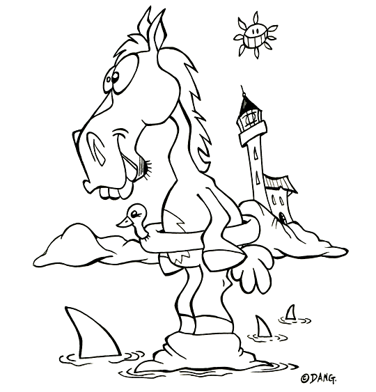 Coloriage grandes vacances d'été, un coloriage  la mer. Les vacances d'été à la mer, le cheval est prêt pour la baignade avec sa bouée canard, mais les requins aussi sont là. Pour l'impression de ce coloriage, cliquer dans le menu en haut à gauche sur Imprimer. Ce coloriage gratuit vous est offert par Dang, l'illustrateur jeunesse qui dessine pour les enfants. Avec vos crayons de couleurs ou à la peinture, coloriez ou peignez ce super coloriage.