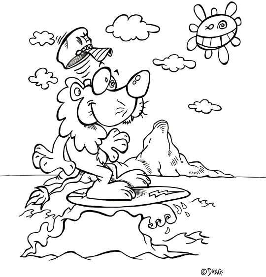 Coloriage grandes vacances d'été, un coloriage  la mer. Le lion est le roi des animaux mais il est aussi le roi du surf sur les vagues pendant les vacances d't. Pour l'impression de ce coloriage, cliquer dans le menu en haut à gauche sur Imprimer. Ce coloriage gratuit vous est offert par Dang, l'illustrateur jeunesse qui dessine pour les enfants. Avec vos crayons de couleurs ou à la peinture, coloriez ou peignez ce super coloriage.