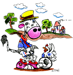 Les grandes vacances d'été, un dessin  la campagne. Ce sont les vacances d'été, une vache joue au football à la campagne avec une poule. Une illustration créée par Dang. Un modèle éventuel pour le coloriage correspondant.