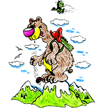 Pendant les vacances d'été à la montagne, pour se détendre un peu, un ours randonneur joue au yoyo sous l'oeil amusé d'un canard sauvage. Cette illustration gratuite vous est offerte par Dang.