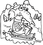 Coloriage d'hiver pour les vacances de février. Un bébé éléphant fait de la luge sur les pentes enneigées de nos belles montagnes. Un coloriage dessiné par Dang illustrateur jeunesse.