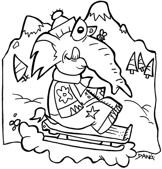 Coloriage d'hiver pour les vacances de février, un bébé éléphant fait de la luge sur les pentes enneigées de nos belles montagnes. Les personnages de l'illustrateur Dang sont au ski cet hiver. Pour l'impression de ce coloriage, cliquer dans le menu en haut à gauche sur Imprimer.