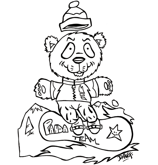 Coloriage d'hiver pour les vacances de février, un panda surfe sur les pentes enneigées. Les personnages de l'illustrateur Dang sont au ski cet hiver. Pour l'impression de ce coloriage, cliquer dans le menu en haut à gauche sur Imprimer.