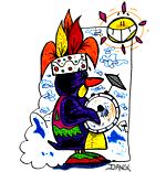 Un dessin pour Les vacances de février. Le pingouin musicien au carnaval. Les personnages de l'illustrateur Dang danse au carnaval pendant toute les vacances d'hiver. Un modèle éventuel pour le coloriage correspondant.