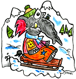 Les vacances de février, un dessin pour Les vacances d'hiver. Un bébé éléphant fait de la luge sur les pentes enneigées de nos belles montagnes. Les personnages de l'illustrateur Dang sont au ski cet hiver. Un modèle éventuel pour le coloriage correspondant.