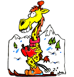 Dessin, ce sont les vacances d'hiver et une girafe au ski pendant les vacances de février, c'est normal. Ne vous moquez pas ! Un dessin illustré par Dang dessinateur jeunesse.