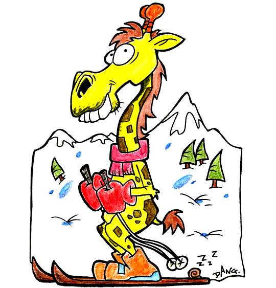 Une girafe au ski pendant les vacances de février, c'est normal. Ne vous moquez pas ! Les personnages de l'illustrateur Dang sont au ski cet hiver. Pour l'impression de ce dessin, cliquer dans le menu en haut à gauche sur Imprimer.
