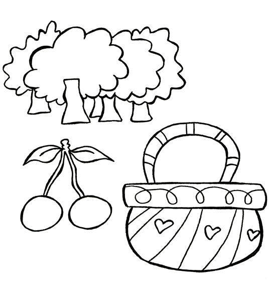 Des cerises, un panier tout neuf, voil le coloriage de la comptine 1 2 3 nous irons au bois.