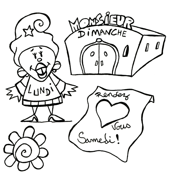 Une comptine pour apprendre les jours de la semaine, voil le coloriage de la comptine Bonjour, Madame lundi.