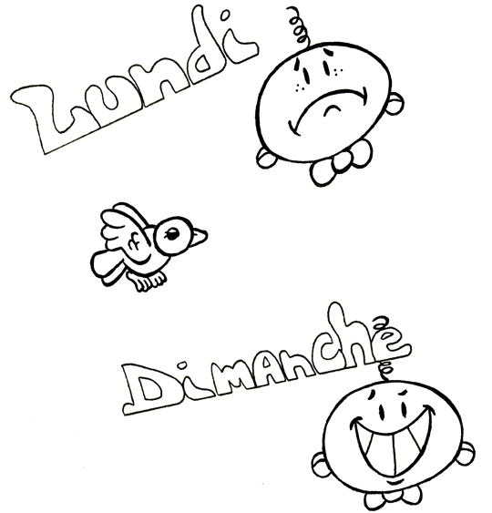 Une comptine pour apprendre les jours de la semaine, voil le coloriage de la comptine De lundi à dimanche.