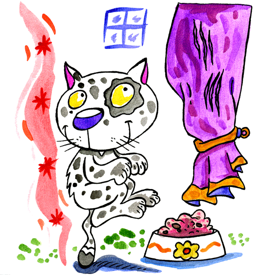 Un chat facétieux qui grimpe au rideau, voil le dessin de la comptine Babou le chat