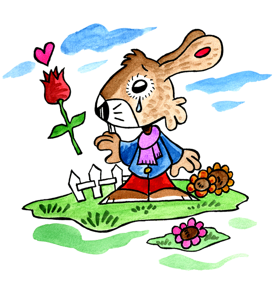 Un lapin bien triste qui ne saute plus dans son petit jardin, voil le dessin de la comptine Mon petit Lapin a bien du chagrin.