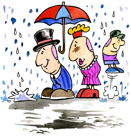 Monsieur, madame Pouce et leur tout-petit regarde tomber la pluie, voil le dessin de la comptine Monsieur et Madame pouce sont à l'abri.