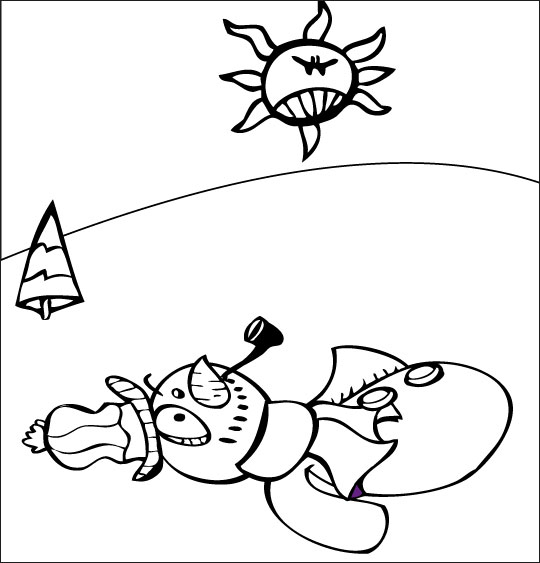 Coloriage pour enfants. Coloriage le bonhomme de neige est couché dans la neige, illustrateur Dang