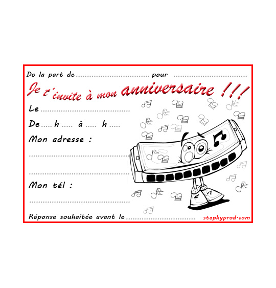 Coloriage pour enfants. Coloriage carte anniversaire pour enfant, un harmonica, catégorie Carton invitation anniversaire musique