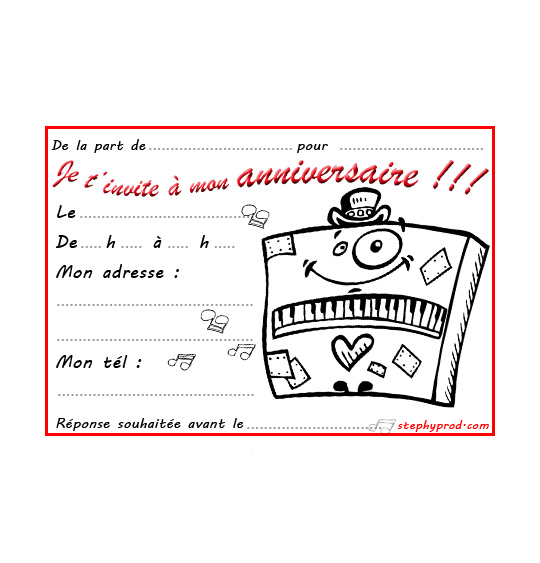 Coloriage pour enfants. Coloriage carte anniversaire pour enfant, un piano un peu fou, catégorie Carton invitation anniversaire personnages