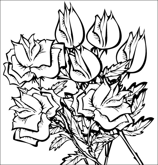 Coloriage pour enfants. Coloriage À la Claire Fontaine, des roses en bouquet, thème Fête de la Saint Valentin