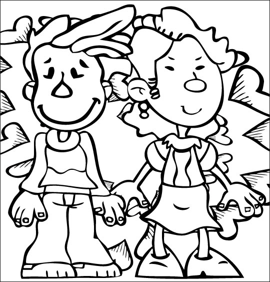 Coloriage pour enfants. Coloriage À la Claire Fontaine, deux amoureux nagent dans le bonheur, thème Garçon