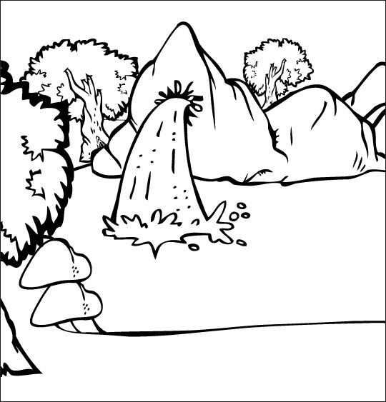 Coloriage pour enfants. Coloriage À la Claire Fontaine, la fontaine dans la forêt, thème Arbres