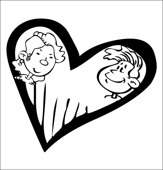 Coloriage pour enfants. Coloriage À la Claire Fontaine, un coeur et deux amoureux, catégorie Chanson pour enfants À la Claire Fontaine