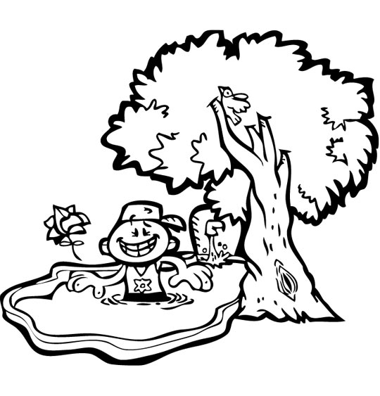 Coloriage pour enfants. Coloriage À la Claire Fontaine, un petit bain dans la fontaine, thème Enfants