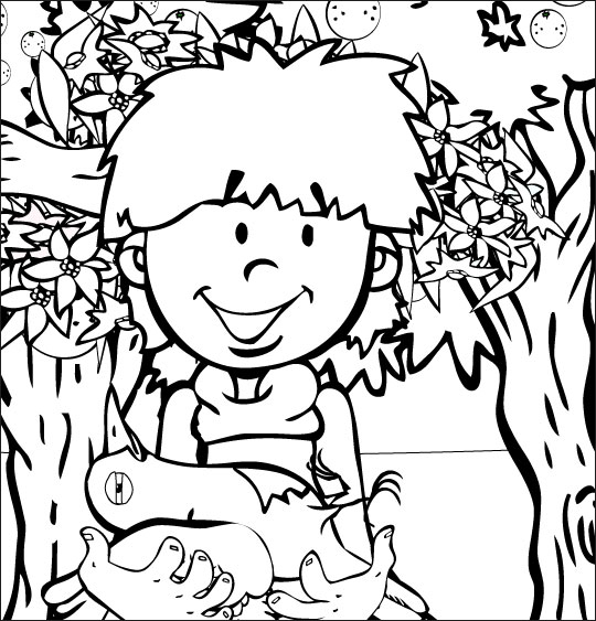 Coloriage pour enfants. Coloriage chanson À la Volette, l'oiseau blessé dans les bras du petit garçon, illustrateur Dang