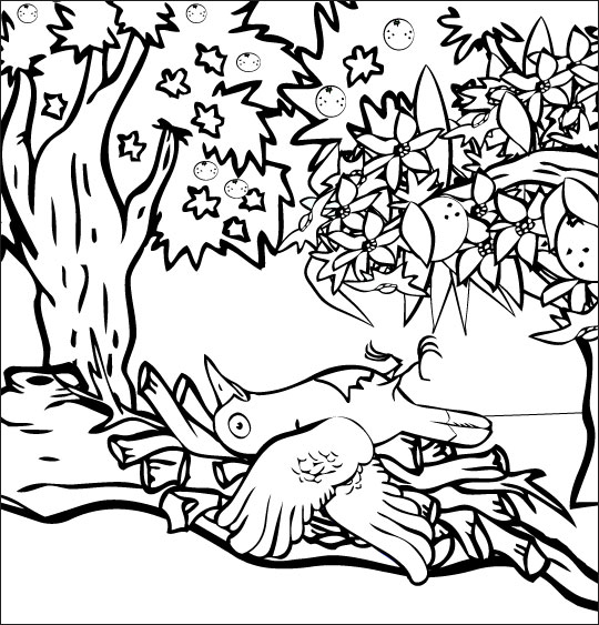 Coloriage pour enfants. Coloriage chanson À la Volette, l'oiseau est tombé, il est blessé, thème Arbres