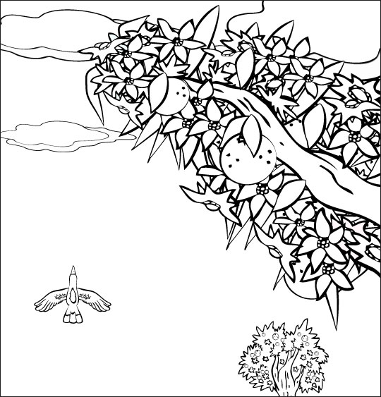 Coloriage pour enfants. Coloriage chanson À la Volette, l'oiseau vole haut dans le ciel, thème Arbres