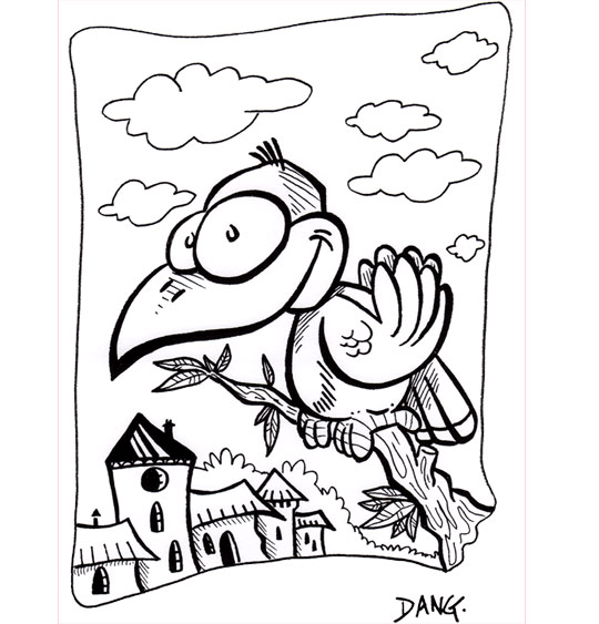 Coloriage pour enfants. Coloriage À la Volette, un oiseau sur une branche, thème Oiseaux