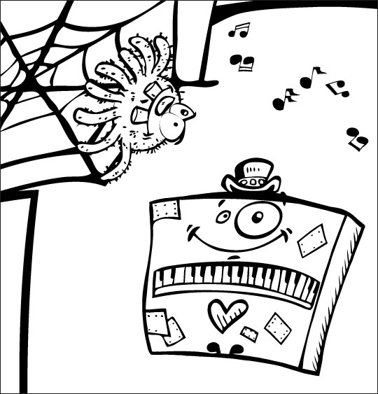 Coloriage pour enfants. Coloriage chanson L'araignée, l'araignée et le piano, thème Instruments de musique