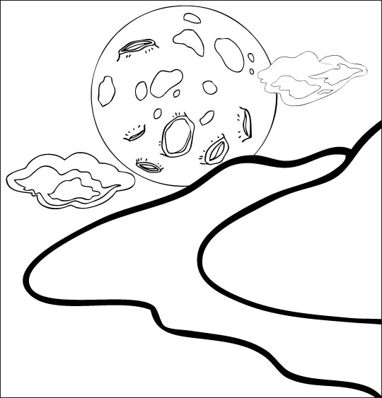 Coloriage pour enfants. Coloriage Au Clair de la Lune, la lune derrière les nuages, catégorie Chanson pour enfants Au Clair de la Lune