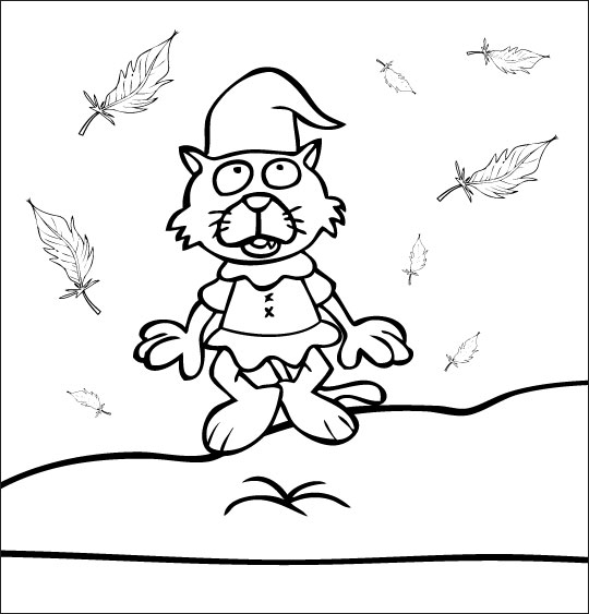 Coloriage pour enfants. Coloriage Au Clair de la Lune, le chat lutin saute sur le lit, catégorie Chanson pour enfants Au Clair de la Lune