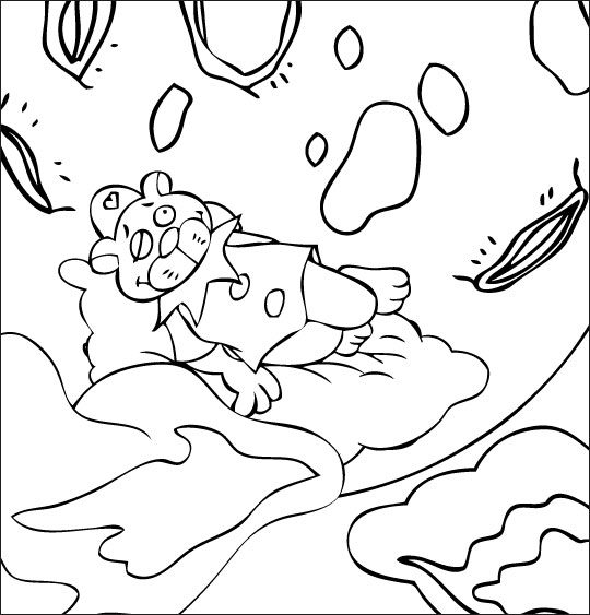 Coloriage pour enfants. Coloriage Au Clair de la Lune, le clin d'oeil de l'ours Pierrot, thème Nuages