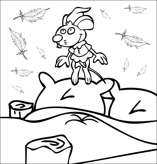 Coloriage pour enfants. Coloriage Au Clair de la Lune, le lutin saute sur le lit, catégorie Comptine Au clair de la lune