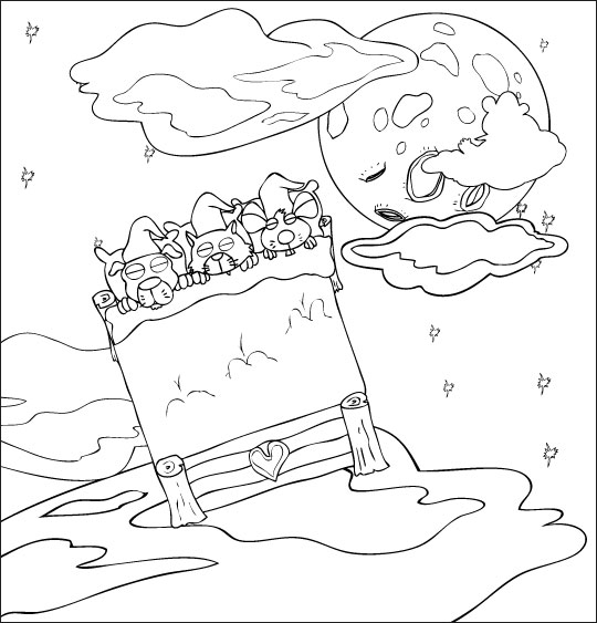 Coloriage pour enfants. Coloriage Au Clair de la Lune, les lutins dorment et volent vers la lune, thème Chat