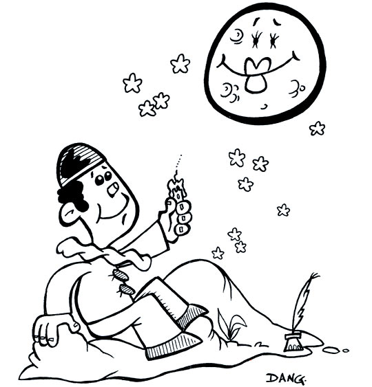 Coloriage pour enfants. Coloriage Au Clair de la Lune, Pierrot et la lune, catégorie Comptine Au clair de la lune