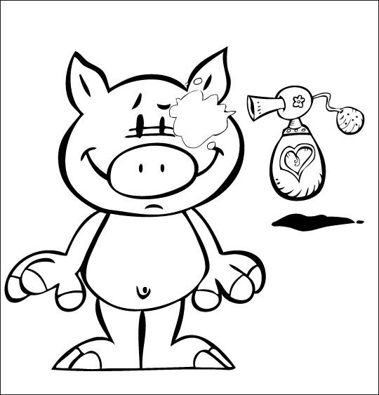 Coloriage pour enfants. Coloriage Bébé cochon, Bébé cochon se met du parfum, thème Cochon